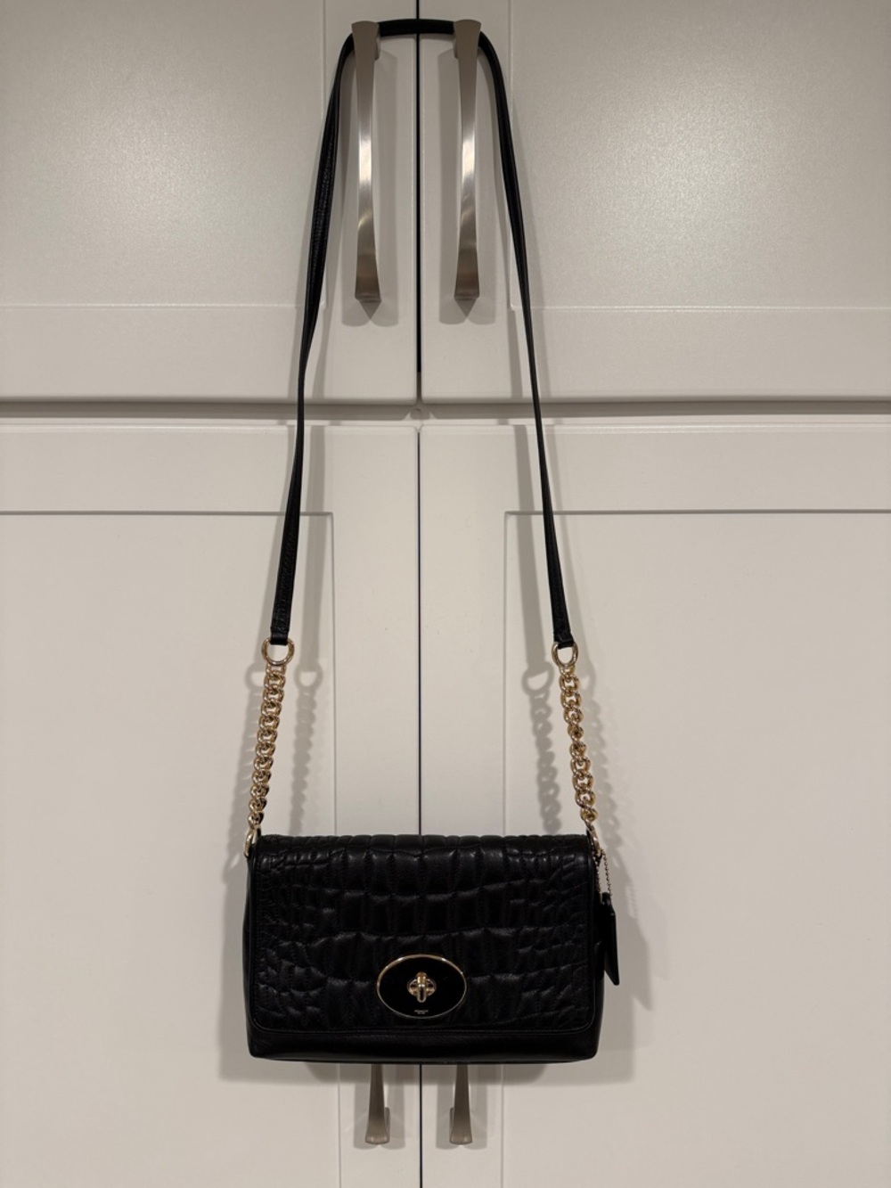 Coach Black Quilted Croc-Embossed Crossbody with Gold Chain